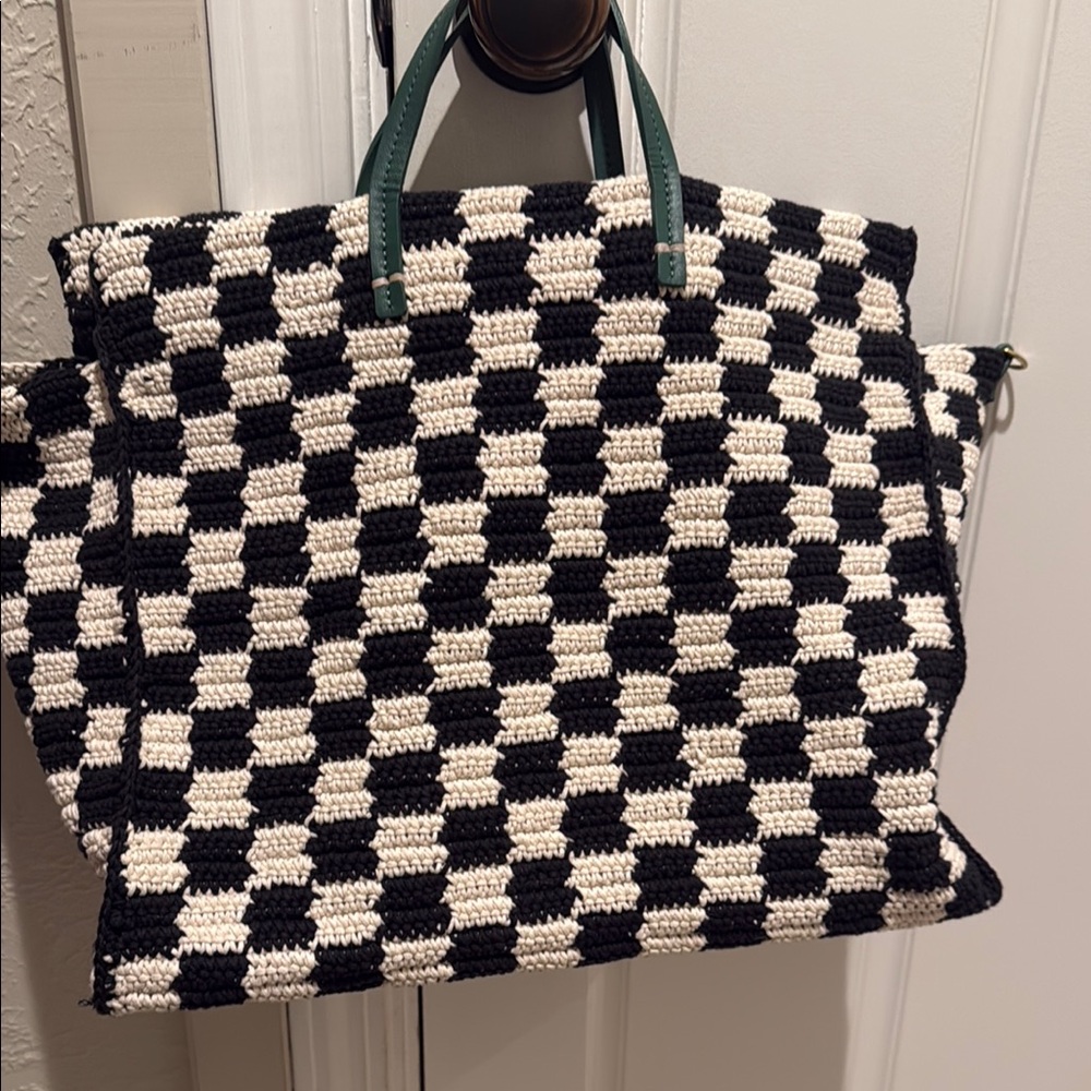 Chic Black and White Checkered Tote with Green Handles.  Summer Simple Tote